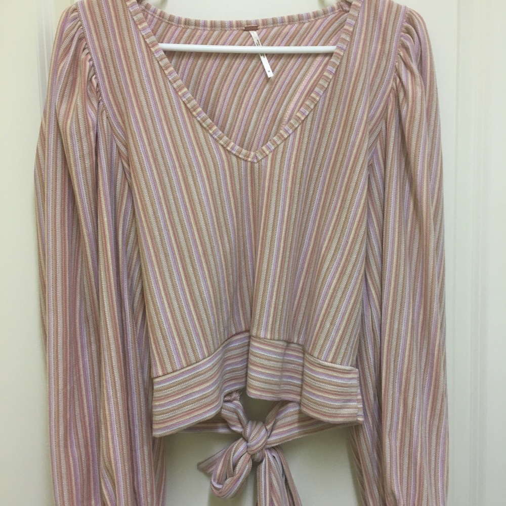 Free People Stripped Backless V-Neck Pink Top Med